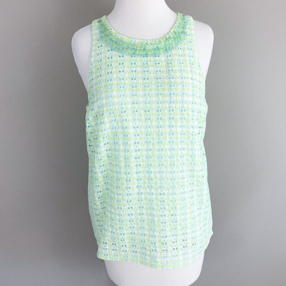 Vineyard Vines Green White Eyelet Gingham Sleeveless Beaded Pastel Summer Top 8